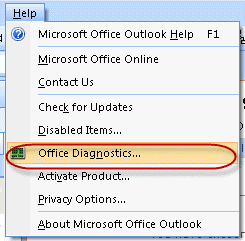 Outlook 2007 Office Diagnostics menu