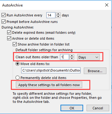 configure autoarchive to move 1 day old mail