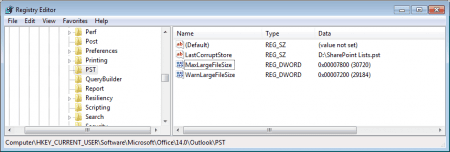 Changing the default *.pst and *.ost sizes
