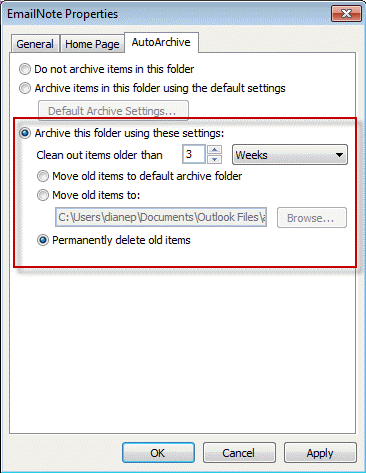Configure autoarchive setting by folder