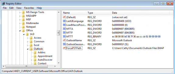 Registry Editor for ForcePSTPath