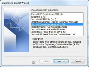 Import and Export Wizard dialog