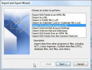 Import and Export Wizard dialog