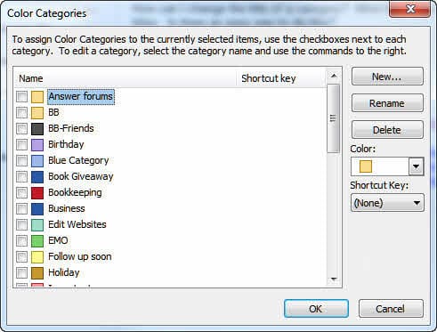 Use the Color Category dialog to edit categories