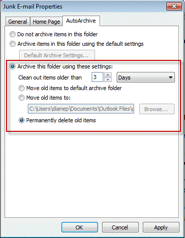 Configure per-folder archive settings