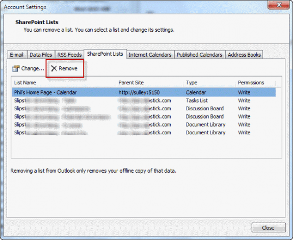 Delete Sharepoint list from Account Settings