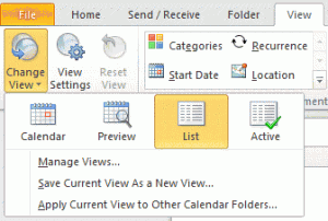 Choose List view in Outlook 2010