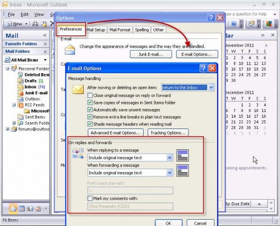 Preferences, Email options dialog in Outlook 2007 (and older)