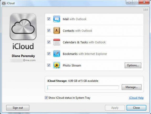 iCloud Control panel