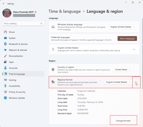 Open Language & region format settings
