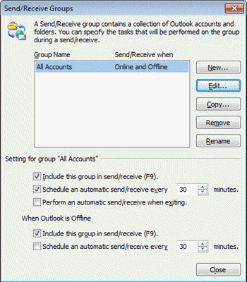 Send and receive settings dialog