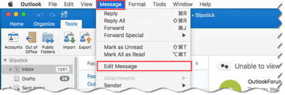 select the message, then Message, Edit message