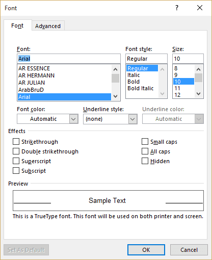 choose the font, font color, and size