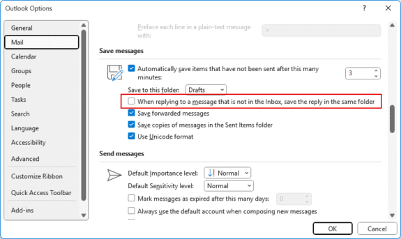 When replying to a message that is not in the Inbox, save the reply in the same folder