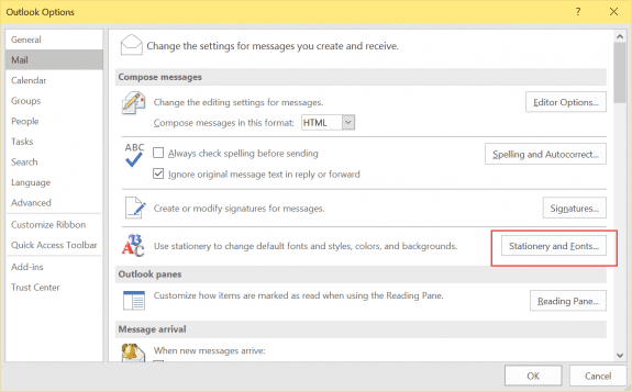 Stationery and fonts button in Outlook 