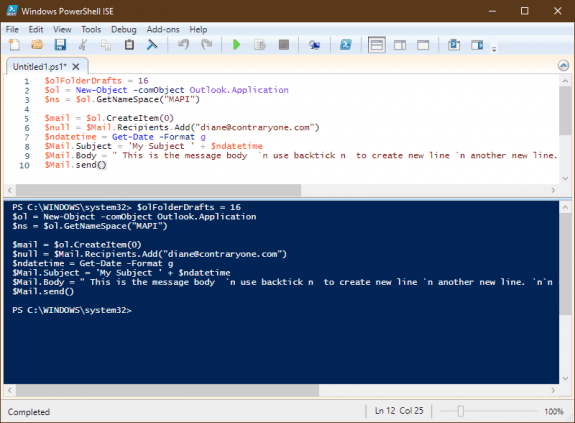test the script in the powershell editor