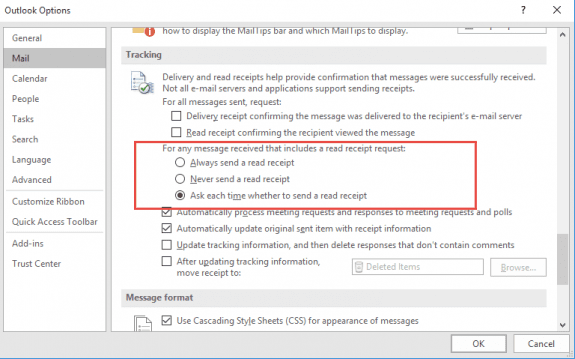 read receipt settings in Outlook 2010 and newer