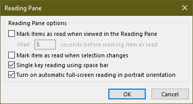 Reading pane options Outlook 2019/365
