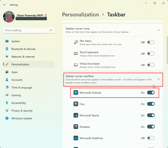 taskbar corner overflow