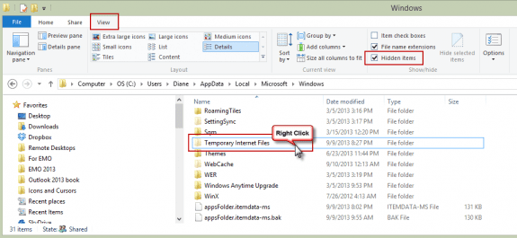 Delete the Temp Internet Folder in Windows 8