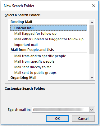 select a search folder template or create a custom search folder