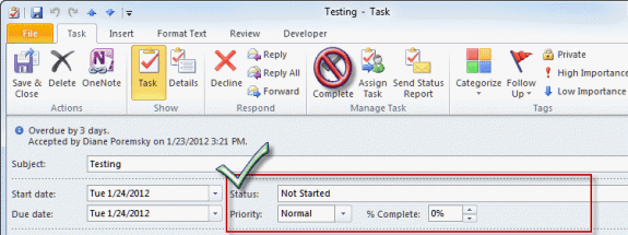 Use the Status field or % Complete field to mark a task completed and respond with a reply