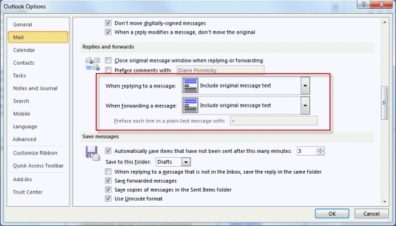 Reply and Forward formats in Outlook's options dialog.