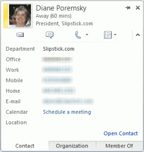 Expanded contact card in Outlook 2010