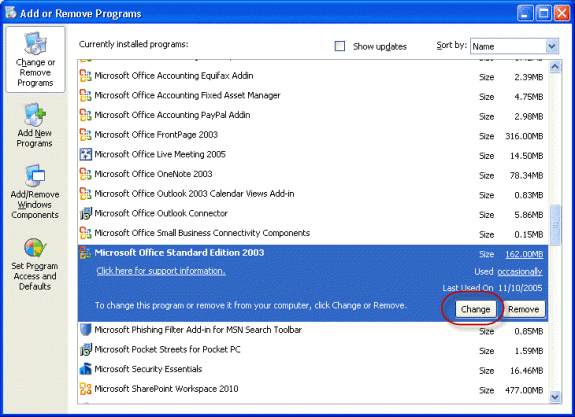 Locate Outlook in Add and Remove Programs and choose Change