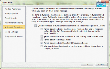 Change Outlook's automatic download settings