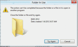Folder in use error dialog