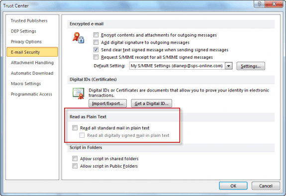 Read all messages in plain text using Outlook 2010
