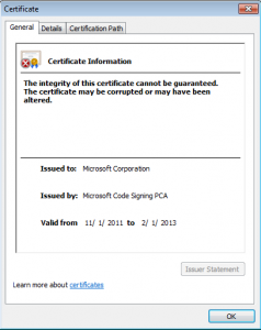 Signed with A corrupt or invalid code signing certificate