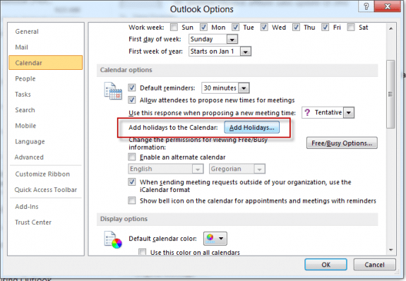 Add Holidays to Outlook's Calendar from the Calendar options dialog