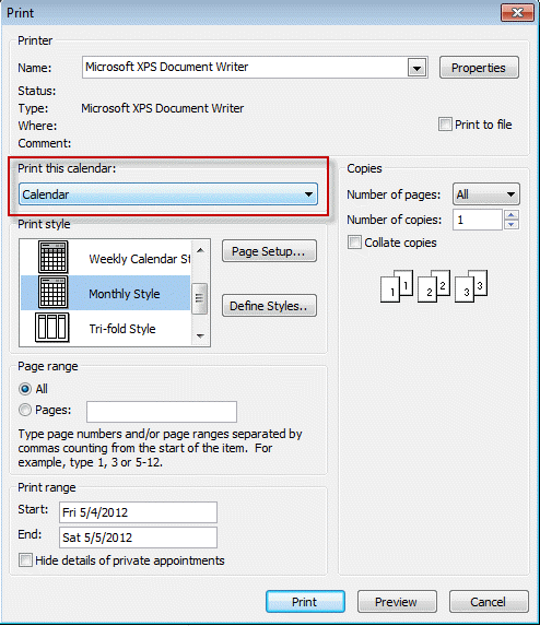Select the calendar you want to print from the Print Options dialog