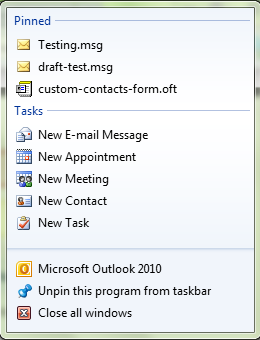 Outlook's Jump list with templates and saved drafts pinned to it