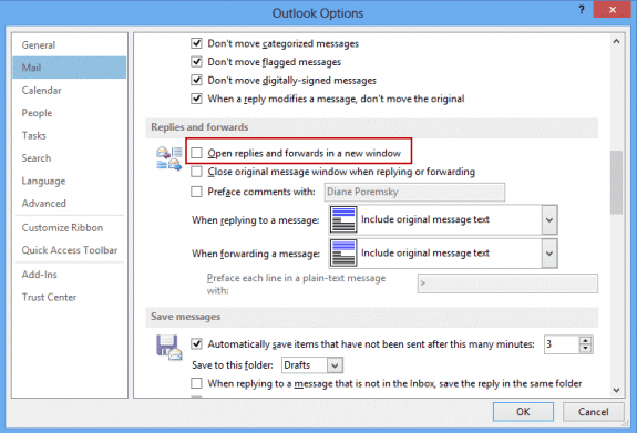 Force replies and forwards to always open in a new window