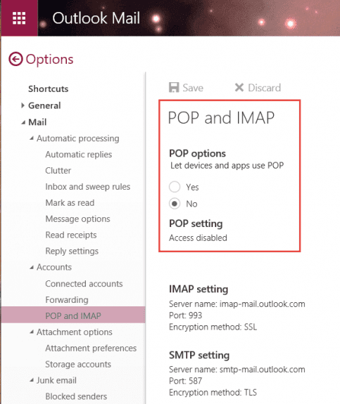 enable pop3 support at outlook.com