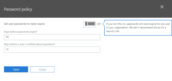 change the password policy in the admin console