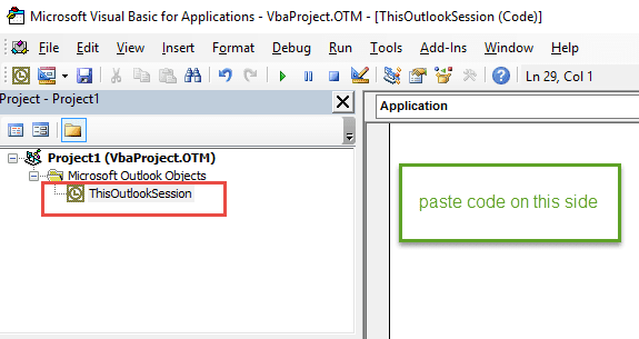 paste code in thisoutlooksession
