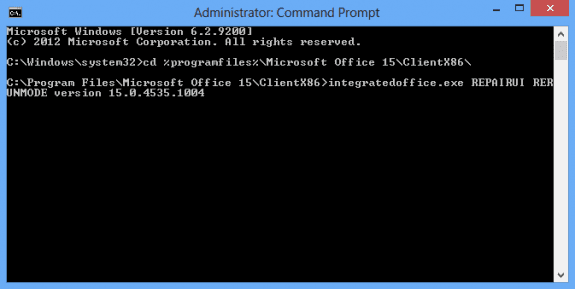 Use the command prompt dialog box to roll back Office installations
