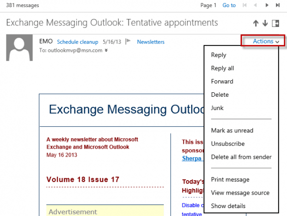 Use the actions menu in Outlook.com