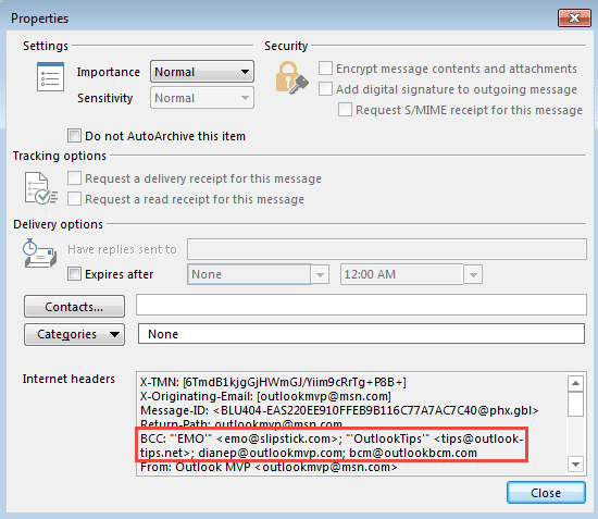 BCC addresses in the properties dialog