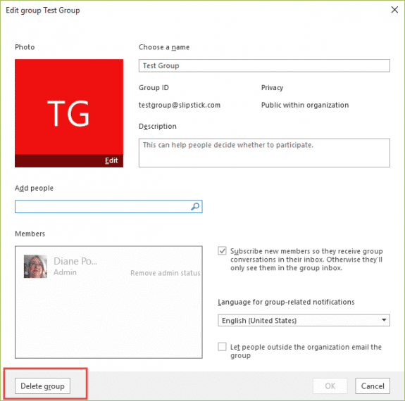 Delete the group in Outlook