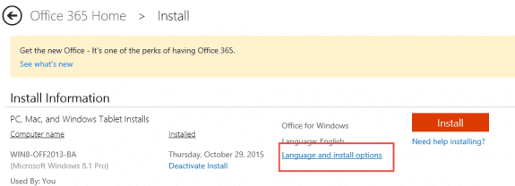 click language and install options on install page