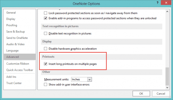 OneNote option to print on separate pages