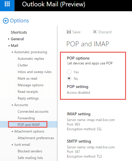 enable pop support in the new outlook.com