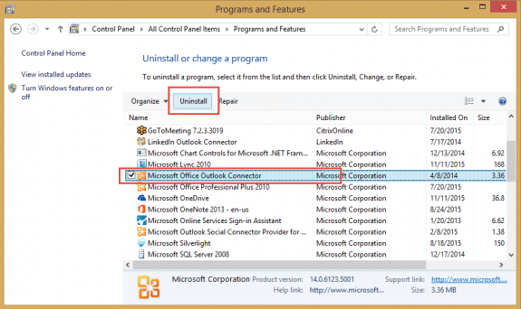 uninstall the outlook connector
