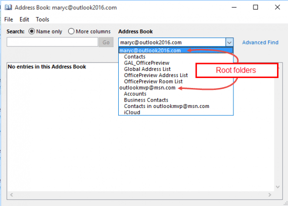 root folders in the address book