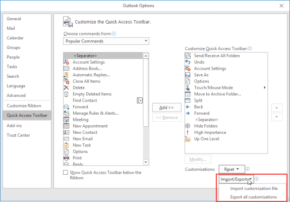 Export customizations from the options dialog